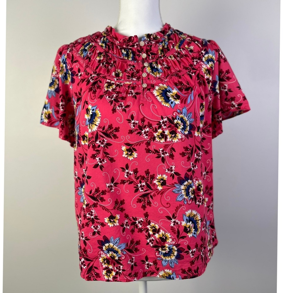 LOFT‎ Floral Cottagecore Blouse Ruffle Neck Flutter Sleeve Top Barbie Pink Small